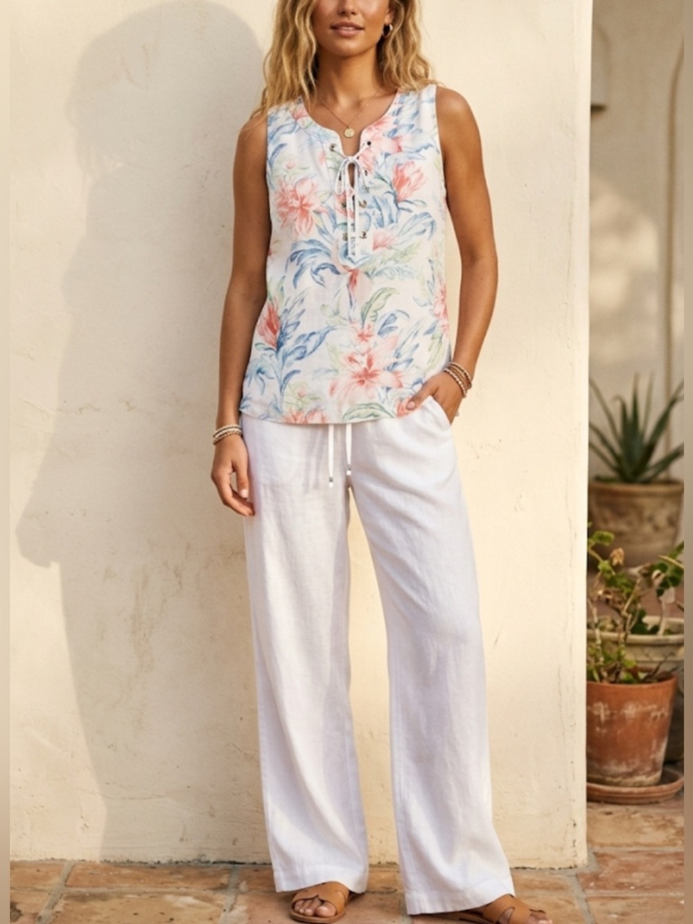 Tommy Bahama Tank Top XS 100% Linen Maya Meadows Floral Lace Up Resort